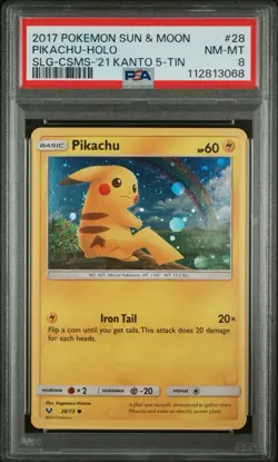 2017 Pokemon S&M Shining Legends #28 Pikachu Holo Cosmos Kanto 5-Tin PSA 8 Card - Image 1