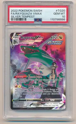 2022 POKEMON SWORD & SHIELD SILVER TEMPEST RAYQUAZA VMAX FULL ART #TG20 PSA 10 - Image 1