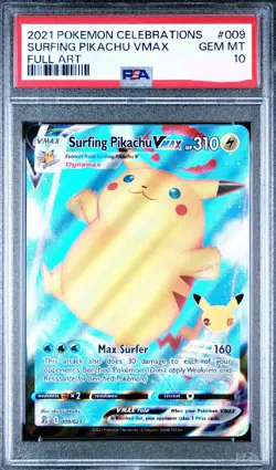 2021 POKEMON CELEBRATIONS #009 FULL ART/SURFING PIKACHU VMAX PSA 10 - Image 1