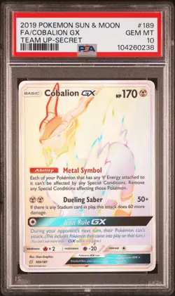 2019 POKEMON SUN & MOON TEAM UP SECRET #189 FULL ART/COBALION GX PSA 10 - Image 1
