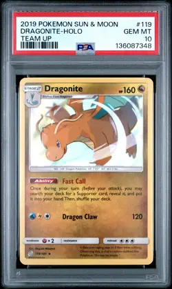 2019 POKEMON SUN & MOON TEAM UP #119 DRAGONITE-HOLO PSA 10 - Image 1