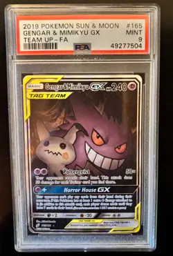 2019 POKEMON SUN & MOON TEAM UP #165 FULL ART/GENGAR & MIMIKYU GX PSA 9 - Image 1