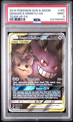 2019 POKEMON SUN & MOON TEAM UP #165 FULL ART/GENGAR & MIMIKYU GX PSA 9 - Image 1