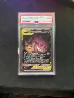 2019 POKEMON SUN & MOON TEAM UP #165 FULL ART/GENGAR & MIMIKYU GX PSA 9 DAMAGED - Image 1