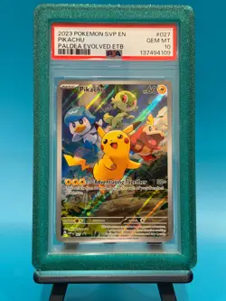 2023 POKEMON SVP EN-SV BLACK STAR PROMO #027 PIKACHU PALDEA EVOLVED ETB PSA 10 - Image 1