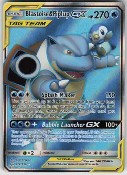 Pokemon Blastoise & Piplup GX (Full Art) Ultra Rare SM Cosmic Eclipse 214/236 NM - Image 1