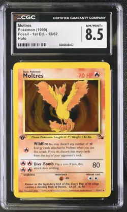 CGC 8.5 Moltres 1999 Fossil 1st Edition 12/62 Holo Pokemon Card - Image 1