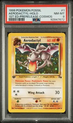 1999 Pokemon Fossil 1st Edition Prerelease Cosmos #1 Aerodactyl - Holo PSA 8 - Image 1