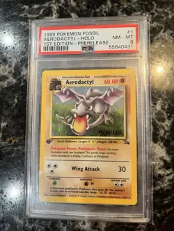 1999 Pokemon Fossil Aerodactyl Holo PSA 8 Mint 1st Edition Prerelease 1/62 - Image 1