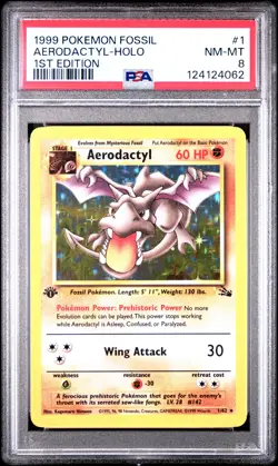 1999 POKEMON FOSSIL 1ST EDITION #1 AERODACTYL-HOLO PSA 8 - Image 1