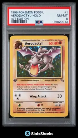 1999 POKEMON FOSSIL 1ST EDITION #1/62 AERODACTYL HOLO RARE PSA 8 - Image 1