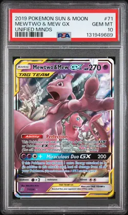 2019 POKEMON SUN & MOON UNIFIED MINDS #71 MEWTWO & MEW GX PSA 10 - Image 1