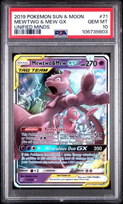 2019 POKEMON SUN & MOON UNIFIED MINDS #71 MEWTWO & MEW GX PSA 10 - Image 1