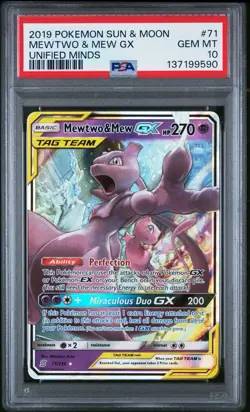 2019 POKEMON SUN & MOON UNIFIED MINDS #71 MEWTWO & MEW GX PSA 10 - Image 1