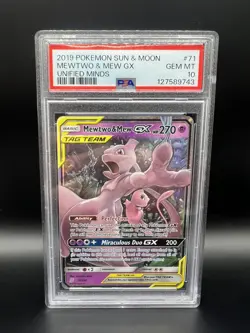 2019 POKEMON SUN & MOON UNIFIED MINDS #71 MEWTWO & MEW GX PSA 10 - Image 1