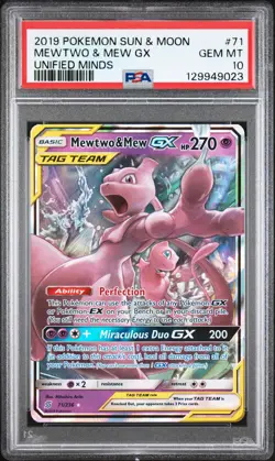 2019 POKEMON SUN & MOON UNIFIED MINDS #71 MEWTWO & MEW GX PSA 10 - Image 1