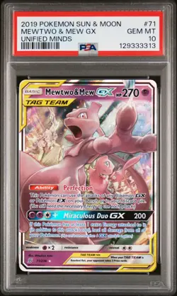 2019 POKEMON SUN & MOON UNIFIED MINDS #71 MEWTWO & MEW GX PSA 10 - Image 1