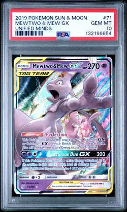 2019 POKEMON SUN & MOON UNIFIED MINDS #71 MEWTWO & MEW GX PSA 10 - Image 1
