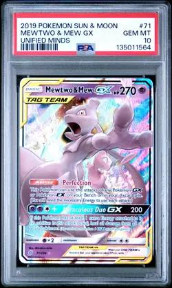 2019 POKEMON SUN & MOON UNIFIED MINDS #71 MEWTWO & MEW GX PSA 10 - Image 1