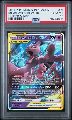 2019 POKEMON SUN & MOON UNIFIED MINDS #71 MEWTWO & MEW GX PSA 10 - Image 1