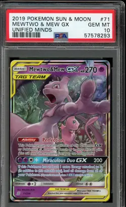 Mewtwo & Mew GX 2019 Pokemon Sun Moon Unified Minds #71 PSA 10 Gem Mint - Image 1