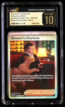 CGC 10 PRISTINE Giovanni's Charisma 204/165 Pokemon Scarlet & Violet 151 2023 En - Image 1