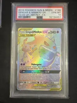 2019 POKEMON SUN & MOON TEAM UP #186/181 GENGAR & MIMIKYU TAG TEAM GX PSA 10 - Image 1