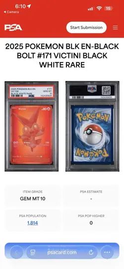 Pokemon 2025 BLK En Red Victini Black White Rare #171 PSA 10 Gem Mint Low Pop - Image 3