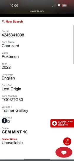 CGC Gem Mint 10 Charizard TG03/TG30 Pokemon Lost Origin Trainer Gallery - Image 3