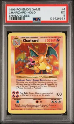 1999 POKEMON BASE SET SHADOWLESS #4 CHARIZARD-HOLO PSA 5 - Image 1