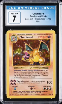 1999 POKEMON BASE SET SHADOWLESS CHARIZARD CGC 7 - Image 1