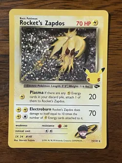 Pokemon TCG Rockets Zapdos Holo Card 15/132 Classic Collection Celebrations NM - Image 1