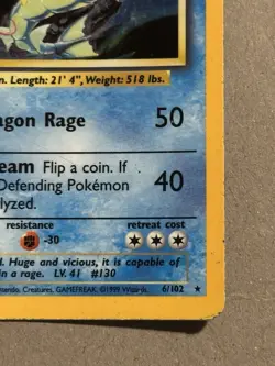 Gyarados 6/102 Base Set Holo Rare Vintage 1999 Pokemon Card HP - Image 5