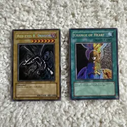 Vintage 1996 Yu-Gi-Oh Red-Eyes B. Dragon, Change Of Heart, 2 Card Lot Holo Rare - Image 1