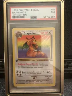 1999 Pokemon Fossil Dragonite #19 1st Edition Rare Regular PSA 7 with Gold Case - Image 1