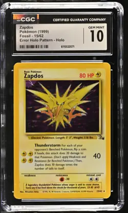 CGC 10 GEM MINT Zapdos 1999 Fossil 15/62 Error Holo Pattern,Holo Pokemon Card - Image 1