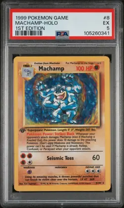 1999 POKEMON GAME 1ST ED #8 MACHAMP-HOLO PSA 5 - Image 1