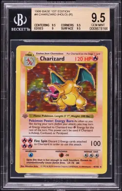 Pokemon 1999 1st Ed. Base Set Shadowless Charizard Holo #4 GRAY STAMP BGS 9.5 - Image 1