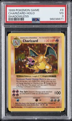 1999 POKEMON BASE SET SHADOWLESS #4 CHARIZARD-HOLO PSA 3 - Image 1