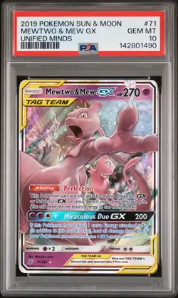 2019 POKEMON SUN & MOON UNIFIED MINDS #71 MEWTWO & MEW GX PSA 10 - Image 1