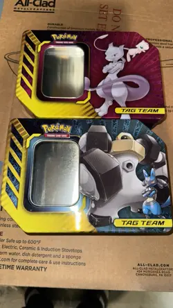 2019 Pokemon TCG Mewtwo Mew & Lucario Melmetal Tag Team Tins - both Empty - Image 1