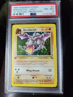Pokemon TCG Aerodactyl Fossil 1st Edition Holo Prerelease PSA 8 - Image 1