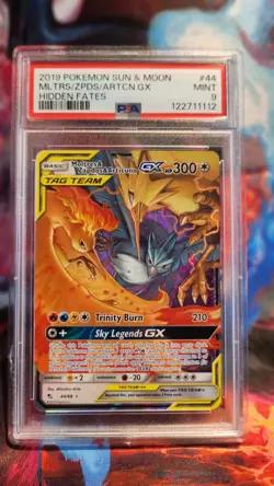 PSA 9 Pokemon TCG Moltres Zapdos Articuno GX 44/68 Hidden Fates Full Art Holo - Image 1