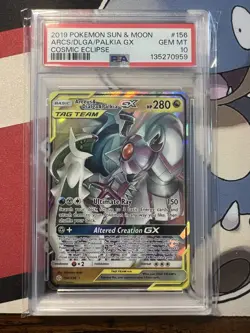 2019 Pokemon Cosmic Eclipse Arceus Dialga Palkia Tag Team Holo #156/236 PSA 10 - Image 1