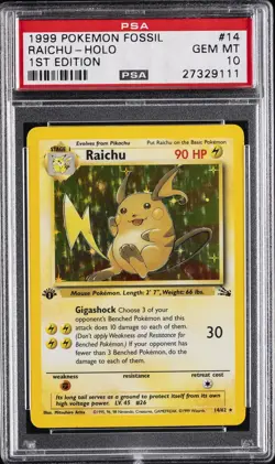 1999 POKEMON FOSSIL 1ST EDITION #14 RAICHU-HOLO PSA 10 - Image 1