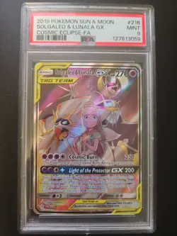 PSA 9 MINT Pokemon Solgaleo and Lunala GX Cosmic Eclipse Full Art 216/236 - Image 1