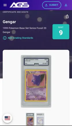 Vintage 1999 Pokemon Fossil Unlimited Gengar Non-Holo Grade AGS 9 mint POP 6 TCG - Image 3