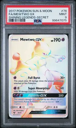 2017 POKEMON SUN & MOON SHINING LEGENDS SECRET #76 FULL ART/MEWTWO GX PSA 9 - Image 2