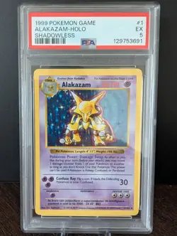1999 POKEMON TCG BASE SET #1 ALAKAZAM SHADOWLESS - HOLO PSA 5 EX - Image 1