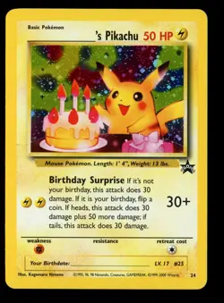 2000 WOTC POKEMON MAIL GIVEAWAY BIRTHDAY PIKACHU #24 BLACK STAR PROMO HOLO NM - Image 1